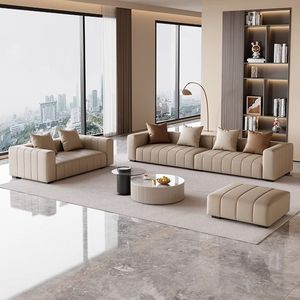 Piano Key Genuine Leather Sofa Top Grain Cowhide Modern Straight Line Three Seater Living Room Sofa - Product Image 1