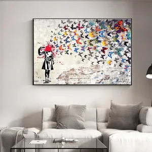 Quadros abstratos de borboleta para meninas, arte de parede, mural de pintura em tela hd, banksy para decoração de sala de estar