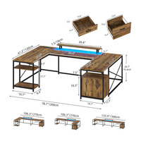 Bureau d'ordinateur en forme de L avec tiroirs Bureau PC en forme de U avec lumières LED et prises de courant Table de bureau à domicile avec support pour moniteur