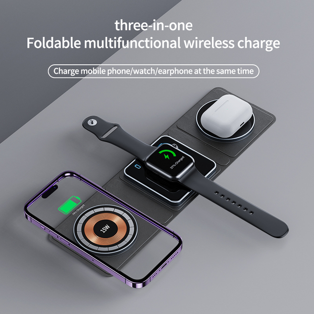 3 in 1 Foldable Wireless Charger Ultra Slim 8mm Magnetic Charging Station for iPhone Samsung Watch Portable Travel, 15W CE