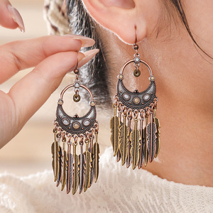 Bohemian Feather Drop <b>Earrings</b> Alloy Antique Bronze Plated Women's Fashion Jewelry Daily Wear <b>Holiday</b> Style - Product Image 2