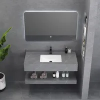 Meuble sous-vasque double vasque en dalle de roche de luxe moderne avec miroir LED tactile lumineux et garantie de 5 ans pour salles de bain d'hôtel