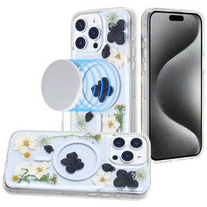 เคสโทรศัพท์กันกระแทก TPU+PC แบบใสหรูหรา พิมพ์ลายดอกไม้แห้งแท้เคลือบอีพ็อกซี่ พร้อมที่ยึดแม่เหล็กสำหรับชาร์จไร้สาย - Product Image 2