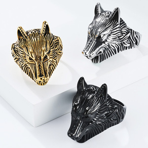 Modischer Edelstahlring, beliebter Retro-Wikinger-Wolfskopfring, Herren-Punk-Drachen-Tierring, Schmuckgeschenke - Product Image 1