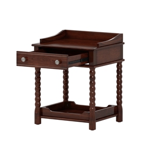 Retro Style Nightstand with Drawer and Open <b>Shelf</b> Walnut Bedside Table Turned Legs Metal Handle Bedroom Furniture - Product Image 6