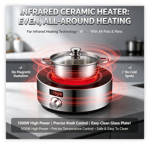 Cocina Eléctrica Redonda Infrarroja AMOR <span class=keywords><strong>de</strong></span> Ahorro <span class=keywords><strong>de</strong></span> Energía con Control <span class=keywords><strong>de</strong></span> Perilla, 1200W Reales, Temporizador Digital, Acero Inoxidable, para el Hogar - Product Image 3