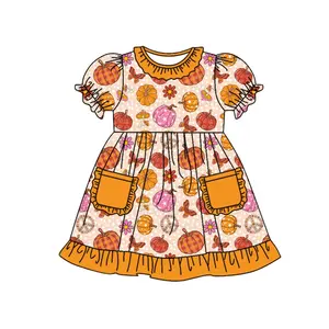 moq هو 5 ملابس أطفال تنورة توتو باللون البرتقالي بطبعة الزهور واليقطين مصنوعة من حرير الحليب