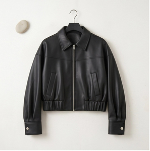 <span class=keywords><strong>Giacca</strong></span> da motociclista da <span class=keywords><strong>donna</strong></span> in pelle di pecora opaca, modello loose con risvolto a <span class=keywords><strong>camicia</strong></span>, orlo arricciato, corta, stile vintage street - Product Image 2