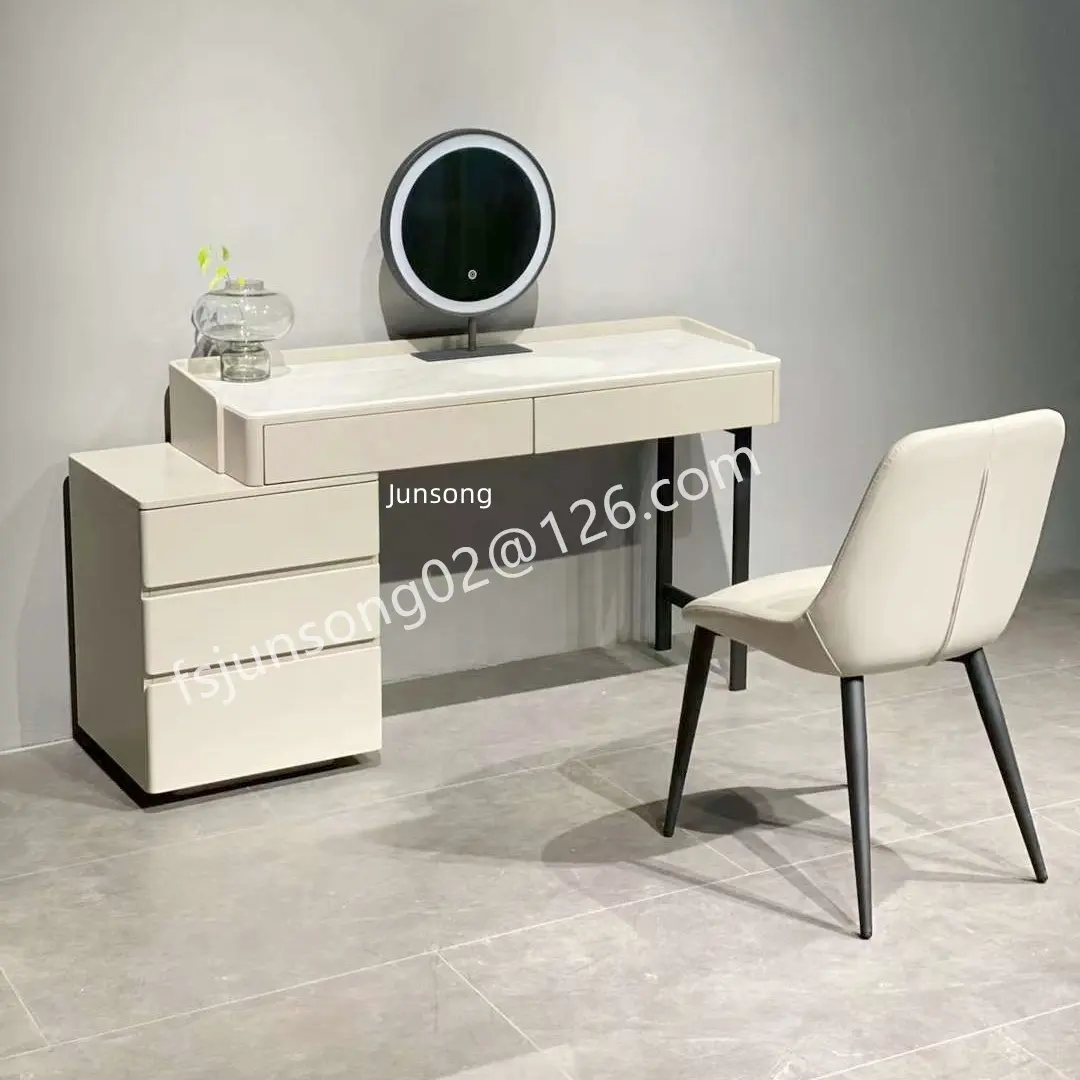 JS SL2038 흰색 대리석 캐비닛 메이크업 테이블 서랍과 침실 가구 나무 다리 화장대 세트 의자 거울을 포함