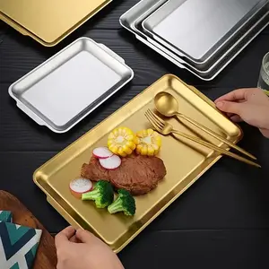 Silver gold square Snack Plate With Double Handle Multi-purpose Serving tray For hotel/Camping Stainless Steel Korea Dishes