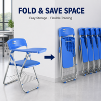 Chaise de formation pliable avec tablette d'écriture, panier à livres, coque en PP, pieds en acier de type O, pour bureau, école, conférence, vente en gros OEM