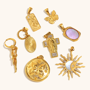 Collezione di ciondoli in oro assortito Dingran stili unici tra cui farfalla, croce, Sunburst e madreperla accenti - Product Image 1