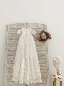 Manches courtes <span class=keywords><strong>blanc</strong></span> ivoire dentelle robe de baptême longue robe de baptême robe bébé fille robe de baptême tenue de baptême - Product Image 3