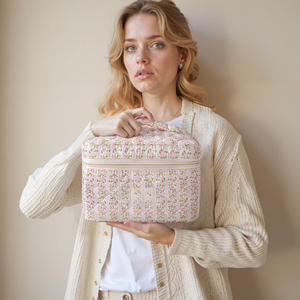 Quilted Makeup <b>Bag</b> Large Cosmetic Travel Case for Women Soft Cotton Toiletry Organizer Skincare Brushes Accessories Storage - Product Image 6