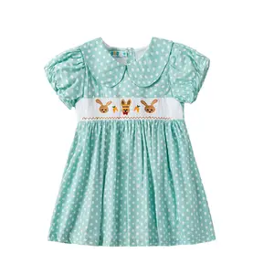 Girls' dress summer new green princess dress puffed up sleeves retro play heavy industry animal cartoon embroidery foreign trade