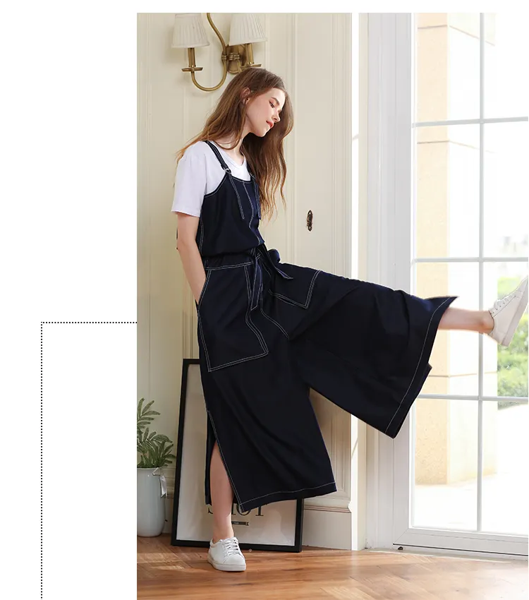 2021 spring fashion casual loose wide leg slit lady denim jumpsuit women jeans overalls wholesale
