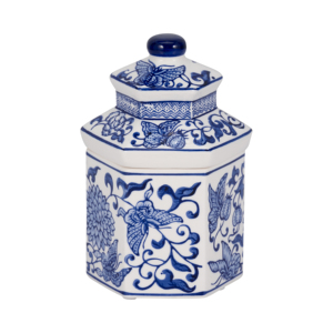 Candela in ceramica chinoiserie con coperchio, design floreale blu e bianco per soggiorno e camera da letto - Product Image 1