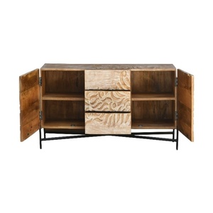 Hand-Carved Wooden <b>Sideboard</b> Cabinet with Abstract Wave Design | Natural Finish Storage Console with Metal Base - Product Image 3