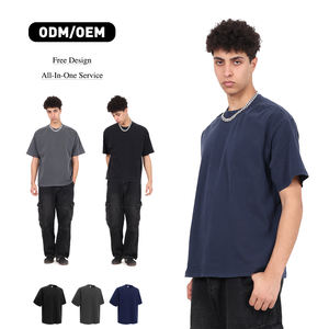 Camiseta de algodón de alto gramaje para hombre con cuello acanalado de una pieza y costura en hombro y cuello, lavado Asut y efecto desgastado - Product Image 1