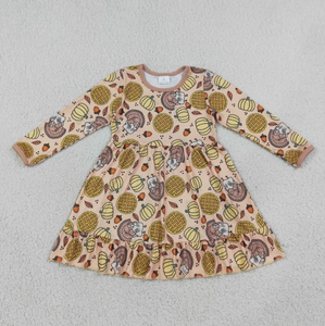 Robe de Noël pour filles, imprimé nœud, manches longues, ourlet à volants, motif dinde et citrouille de Thanksgiving, tenue de fête pour tout-petits - Product Image 5