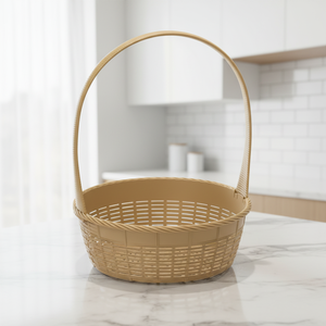 Panier à fruits en bambou PP tressé, brun clair, diamètre. 33*46.5cm Poignée à Encliquetage - Écologique Imperméable Léger Empilable Anti-Moisissure - Product Image 1