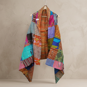 Vintage Silk/Cotton Patch Kantha Knitted Eco-Friendly Breathable <b>Loose</b> Fit Raglan Sleeve Unisex Outwear Shrug <b>Dress</b> - Product Image 3