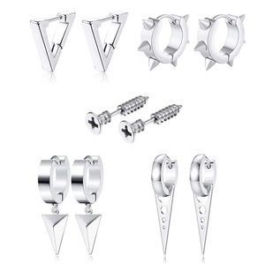 Juego de pendientes de aro triangulares de acero de titanio con diseño geométrico negro para un estilo moderno - Product Image 5