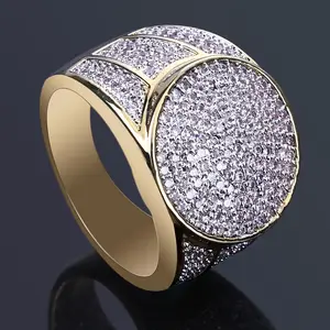 Square Round Hip Hop 18k Real Gold Electroplated Micro-inlaid Zircon Ring Hiphop Fashion Men's Gold Ring