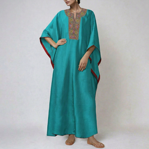 Hot Sale Beautiful Dubai Embroidery Breathable <b>Kaftan</b> Women V Neck Handmade Traditional Islamic Floor Length Polyester Clothing - Product Image 1