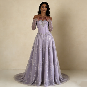 Robes pour femmes, violet clair, épaules <span class=keywords><strong>d</strong></span>énudées, col cœur, strass, manches longues en tulle, taille cintrée, traîne élégante - Product Image 3