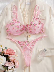 Rose Floral Embroidery Lace Lingerie <b>Set</b> Sheer Mesh Underwire <b>Sexy</b> Bra and Thong Panties <b>Set</b> French Intimates Underwear <b>Set</b> - Product Image 3