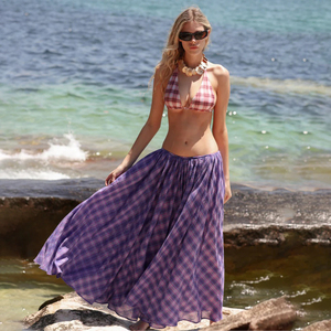 Classic Purple Plaid Breathable Summer Maxi <b>Skirt</b> for Women Elastic Waist A-Line <b>Full</b> Swing Flowy Casual - Product Image 2
