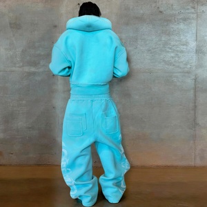 High Quality Baggy Cropped Sweatsuit Acid Wash Zip up Hoodies and Sweatpants Set Custom Logo Sports <b>Tracksuit</b> Manufacturer - Product Image 3