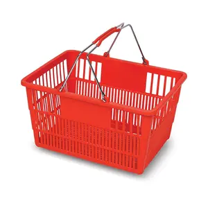 Cesta portátil plástica áspera e durável grande feita sob encomenda da mão das compras com a grade oca azul vermelho para o supermercado