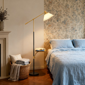 European Style Floor <b>Lamp</b> With <b>Shelf</b> Adjustable Height Brass Body LED Light Source White Shade For Living Room Bedroom - Product Image 3