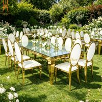 Table rectangulaire en acier inoxydable doré avec plateau en verre miroir pour événements, banquets, fêtes et mariages