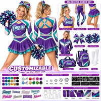 Ensemble d'uniforme de cheerleading violet et turquoise personnalisé avec strass, col simulé à trois découpes, jupe à volants superposés thermocollée, tenue de cheerleading