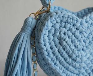 Bolso de Ganchillo con Adorno de Corazón – Bolso de Hombro Boho Azul Cielo Étnico y Elegante con Perlas y Dos Correas, Tejido con Cordón de Algodón - Product Image 3