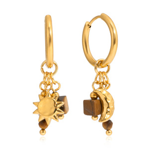 Pendientes de aro con diseño de estrella y luna, ojo de tigre, tono dorado, aleación de zinc, acero inoxidable, pendientes colgantes de moda para mujer - Product Image 5