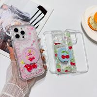 Coque de téléphone portable hybride transparente antichoc avec support rotatif, motif cerise scintillante, pour iPhone 17 16 15 14