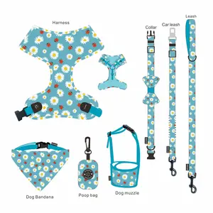 Factory Custom Design Neoprene Adjustable Dog Harness Matching Padded Leash Set With Poop Bag Dispenser For Holiday Pet Collars