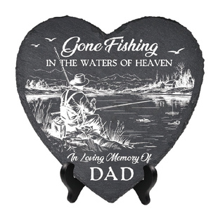 Pietra commemorativa in legno ecologica per la perdita del papà, a tema pesca, 'Andato a pescare negli acquari del paradiso', regalo di commaugnosezza per pescatori - Product Image 1