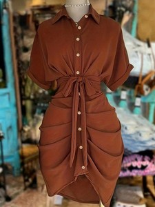 <span class=keywords><strong>Robe</strong></span> <span class=keywords><strong>chemise</strong></span> décontractée d'été pour femme, élégante et unie, à col montant et taille naturelle, à manches courtes, vente en gros - Product Image 1