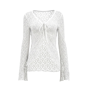 Viviblook J26TP289 Women Autumn Top V-Neck Lace Long <b>Sheer</b> Casual Long Sleeve Top for Ladies - Product Image 4