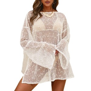 Nuova Camicia Estiva da <span class=keywords><strong>Spiaggia</strong></span> Sexy in Maglia con Spacco, Vestibilità Ampia, Leggera e Trasparente, Stile Blusa - Product Image 5