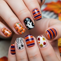 Faux ongles courts en amande à presser pour Halloween, motif sang rouge, fantôme, chauve-souris, citrouille, toile d'araignée, feuille d'érable, réutilisables