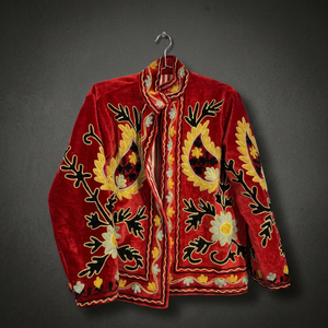 Red Velvet Mandarin Collar Jacket With Floral Embroidery Full Sleeve Winter Women's <b>Coat</b> Handmade Decorative Design B2B Supplier - Product Image 3