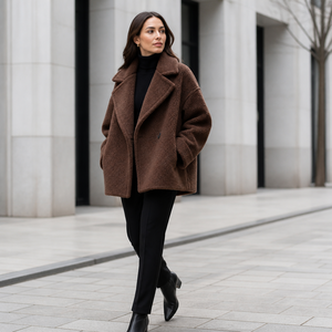 OEM ODM <strong>Women</strong> Chocolate Brown Alpaca Wool Oversized Drop-Shoulder Double-Sided Short Coat Long Sleeve Wholesale - Product Image 2