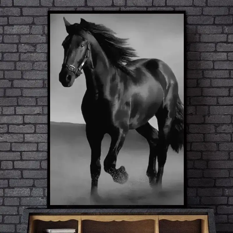 لوحة جدارية فنية حديثة بطباعة حصان أسود ملصق قماشي ديكور منزلي لوحة جدارية للحيوانات
