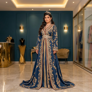 Elegant Embroidered Blue Loose Anti-Wrinkle <b>Abaya</b> <b>Dress</b> Floor Length Floral Long Sleeve V Neck Middle East Wedding Women Silk - Product Image 2